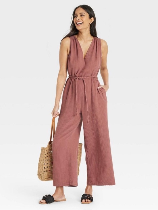 Universal Thread Pants - Universal Threads Sleeveless V-Neck Wide-Leg Jumpsuit in Dusty Rose